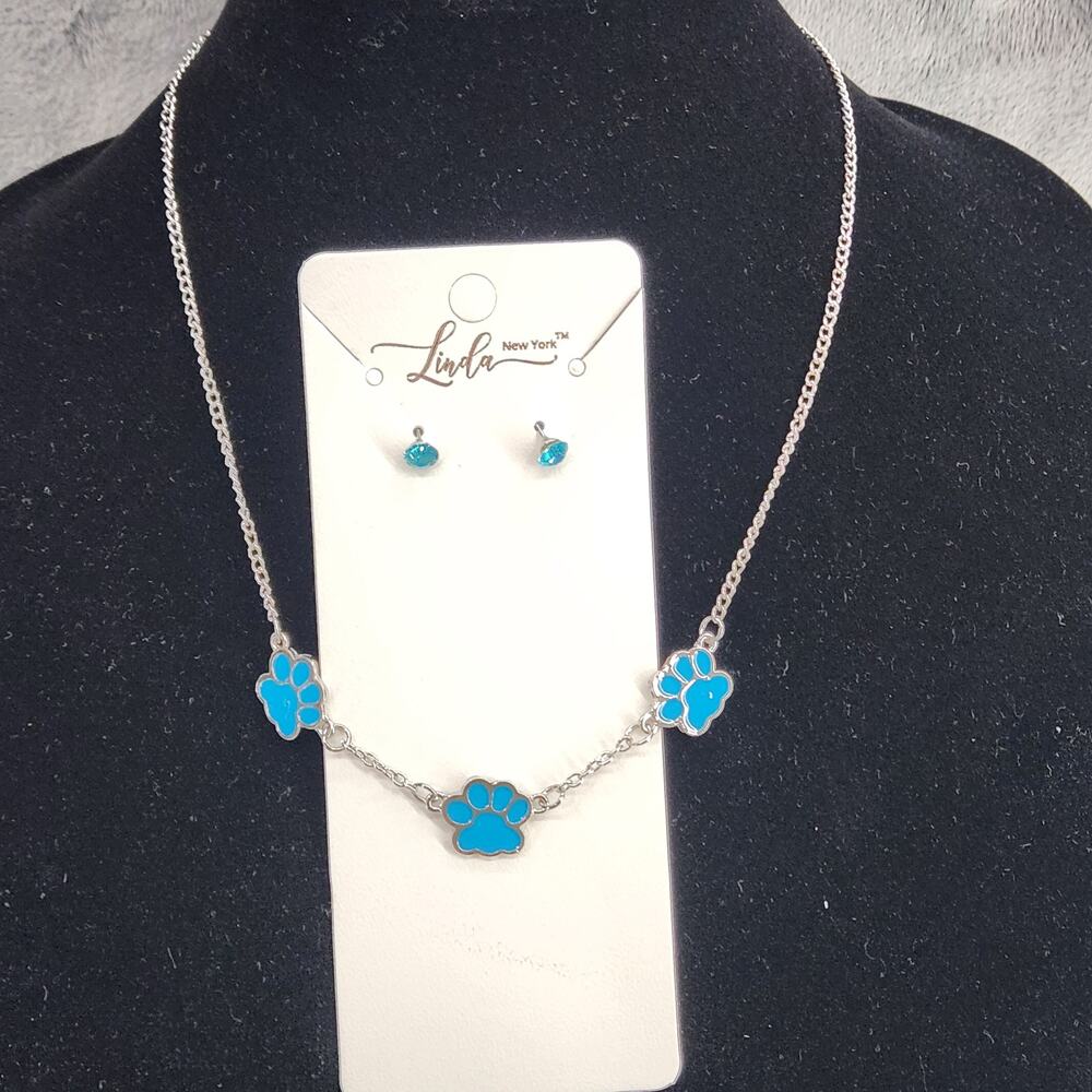 Blue Puppy Paw Print Enamel Necklace & Matching Stud Rhinestone Earrings Jewelry